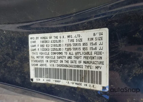 2004 Honda Cr-V Lx из США, поврежденный, VIN SHSRD68434U208802